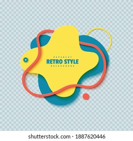 Abstract geometric shapes in cut paper style. Creative flyer Memphis 80s 90s retro element layered bubbles cut out of cardboard. Modern vector banner template with liquid color wavy splash