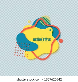 Abstract geometric shapes in cut paper style. Creative flyer Memphis 80s 90s retro element layered bubbles cut out of cardboard. Modern vector banner template with liquid color wavy splash.