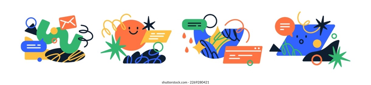 Abstract geometric shapes, cute funny elements compositions in doodle style. Colorful kids geometry, trendy fun figures, messages. Childish flat vector illustrations set isolated on white background - Shutterstock ID 2269280421