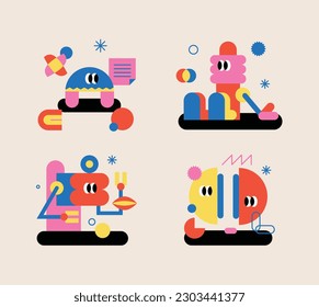 Abstract geometric shapes, cute funny elements compositions in doodle style. Colorful kids geometry, trendy fun figures.Childish flat vector illustrations set isolated on white background.