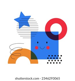 Abstract Geometric Shapes with Cute Funny Elements Composition Vector Illustration. Colorful Kids Geometry with Trendy Fun Figures