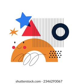 Abstract Geometric Shapes with Cute Funny Elements Composition Vector Illustration. Colorful Kids Geometry with Trendy Fun Figures