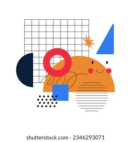 Abstract Geometric Shapes with Cute Funny Elements Composition Vector Illustration. Colorful Kids Geometry with Trendy Fun Figures