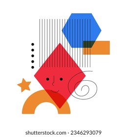 Abstract Geometric Shapes with Cute Funny Elements Composition Vector Illustration. Colorful Kids Geometry with Trendy Fun Figures