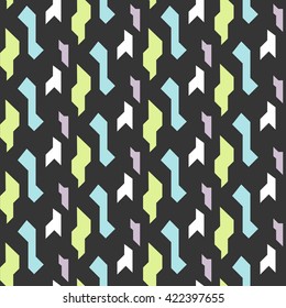 Abstract geometric shapes dark seamless pattern. Vintage geometry inspired seamless lilac, green and blue on dark background.