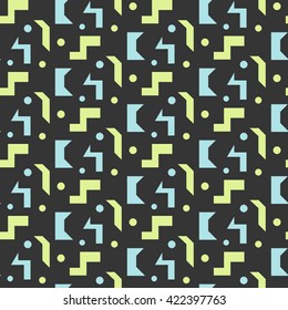 Abstract geometric shapes dark seamless pattern. Vintage geometry inspired seamless green and blue on dark background.