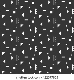 Abstract geometric shapes dark seamless pattern. Vintage geometry inspired seamless white on dark background.