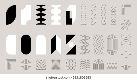 Abstract geometric shapes. Design elements in style of brutalism, Swiss minimalism, Bauhaus. Simple flat and outline decorative objects. Black and white isolated vector illustration