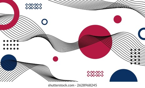 Abstract geometric shapes design with waves and dots. japanese design with USA flag colors