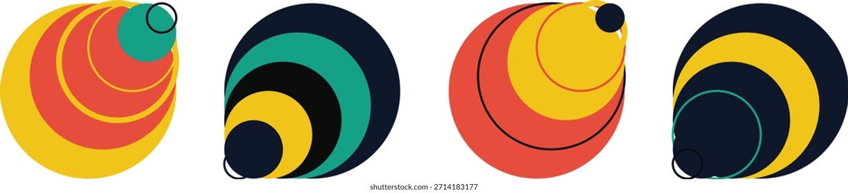 Abstract geometric shapes display four unique color variations of layered, offset circles creating a dynamic visual rhythm perfect for modern branding or retro wallpaper design.