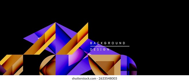 Abstract geometric shapes dominate composition. Vibrant purple, orange hues contrast against black background. Modern design evokes dynamic energy, visual interest.