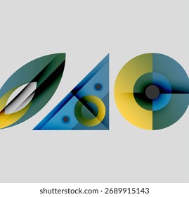 Las Formas geométricas Abstractas dominan la composición. Los Colores se mezclan, creando una experiencia visual dinámica. Diseño moderno, Gradientes presentes.