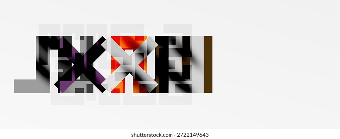 Formas geométricas abstratas dominam a composição. Matizes vermelhos, cinzas e pretos se misturam, criando textura visual dinâmica. Design minimalista.
