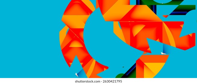Abstract geometric shapes dominate image. Bright orange, red, yellow contrast with vibrant blue background. Modern design elements present.