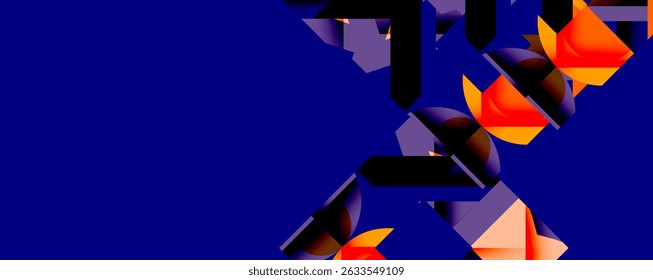 Formas geométricas abstratas dominam a imagem. Azul escuro, laranjas criam contraste dinâmico. Design moderno, composição arrojada.