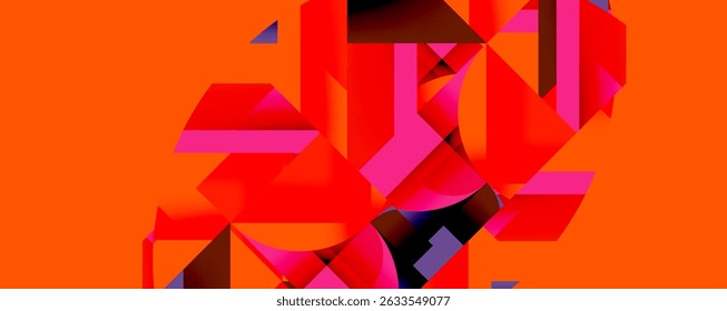 Abstract geometric shapes dominate vibrant orange background. Pink, red hues create dynamic composition. Modern design elements present bold visual impact.