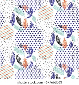 Abstract geometric shapes dotted and striped leaves circles vector pattern.