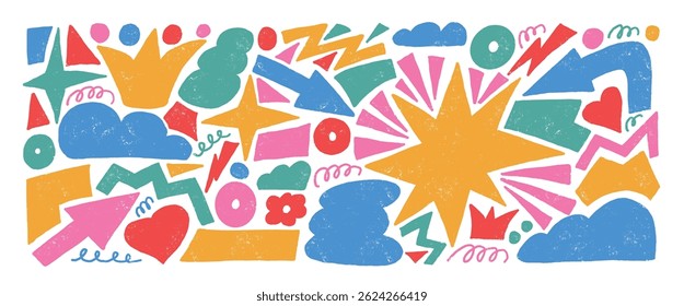 Abstract geometric shapes drawn with crayon. Stars, crowns, arrows vector shapes colorful pencil. Organic playful stickers on white background. Graphic hand-drawn fun elements. Zig zags and squiggles.
