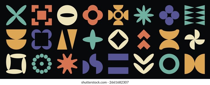Abstract geometric shapes element vector set. Collection of contemporary figure, flower, star, geometric different. Design element perfect for banner, prints, stickers, decor, icon.