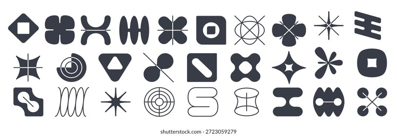 Formas geométricas Abstractas, Elementos de estilo brutalista. Figuras simples, símbolos mínimos con estrella, triángulo, siluetas circulares y cuadradas, conjunto plano de Vector
