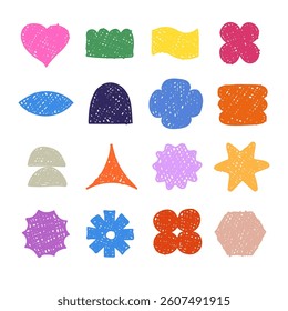 Abstract geometric shapes. Figures of strokes with bright multi-colored markers. Basis for stickers in the style of the 70s and 80s, retro badges, logos, posters. Vector isolated elements.