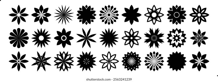 Abstract geometric shapes flower designs. figure star oval spiral flower and other round vector elements. Swiss black flower design aesthetic. Set of black vector floral designs on a white background