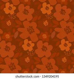 Abstract geometric shapes flower seamless pattern. Hot brown colors decorative floral repeatable motif. Naive simple shapes rapport for fabric, wrapping paper, textile, background in terracotta hues