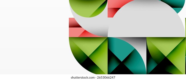 Abstract geometric shapes form bird silhouette. Green, red, teal hues dominate composition. Minimalist design evokes nature, simplicity.