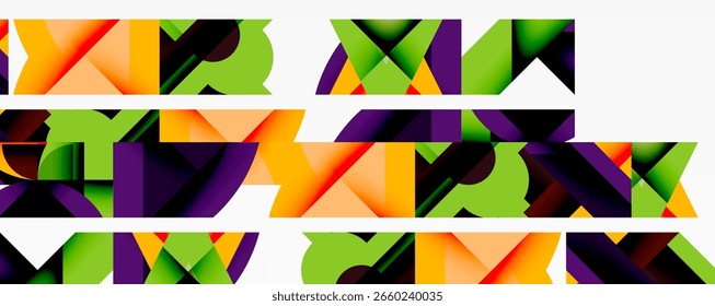 Abstract geometric shapes form text. Bright colors dominate composition, creating dynamic visual effect. Modern design.