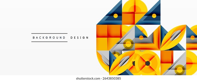 Abstract geometric shapes form vibrant design. Orange, yellow, blue hues create modern aesthetic. Clean lines, circular elements present.