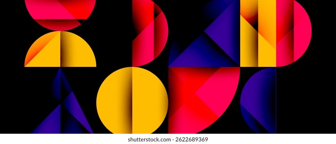 Abstract geometric shapes form word love. Vivid colors blend, creating dynamic visual impact. Modern design, simple composition.
