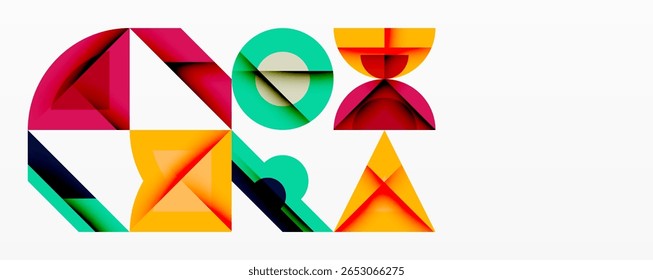 Formas geométricas abstratas formam caixa de palavras. Cores vivas, triângulos, quadrados criam um design moderno. Linhas estéticas e limpas minimalistas apresentam interesse visual.