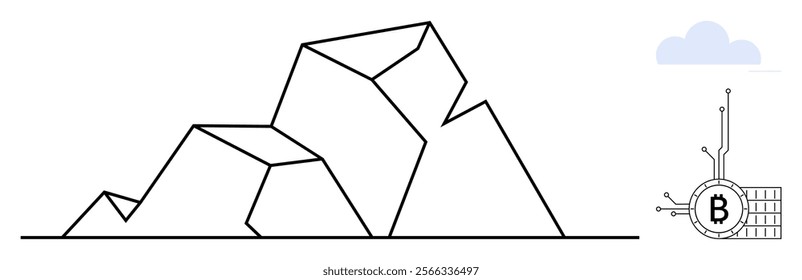 Abstract geometric shapes forming mountain-like structures with a Bitcoin symbol and a cloud on the right. Ideal for themes like abstract art, digital finance, cryptocurrencies, minimalism