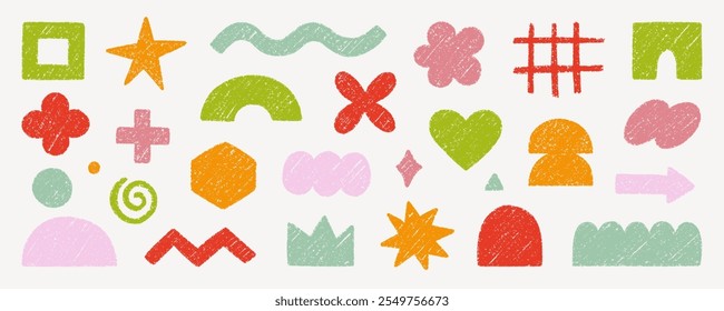 Abstrakte geometrische Formen und Formen, Kreide Bleistift doodle Set. Stift moderne Figuren, Pinsel Krone, Sterne, Pfeil in Skizze Stil. Handgezeichnete Vektorgrafik einzeln auf weißem Hintergrund