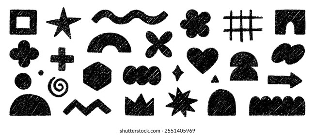 Formas geométricas abstratas e formas, lápis de giz doodle set. Crayon figuras modernas, coroa de pincel, estrelas, seta em estilo de esboço. Ilustração de vetor desenhada à mão isolada no plano de fundo branco