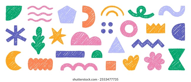 Abstract geometric shapes and forms, chalk pencil doodle set. Crayon modern figures, brush crown, stars, arrow in sketch style. Hand drawn vector illustration isolated on white background