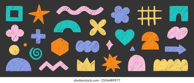 Abstract geometric shapes and forms, chalk pencil doodle set. Crayon modern figures, brush crown, stars, arrow in sketch style. Hand drawn vector illustration isolated on black background