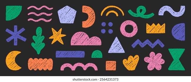 Abstract geometric shapes and forms, chalk pencil doodle set. Crayon modern figures, brush crown, stars, arrow in sketch style. Hand drawn vector illustration isolated on black background