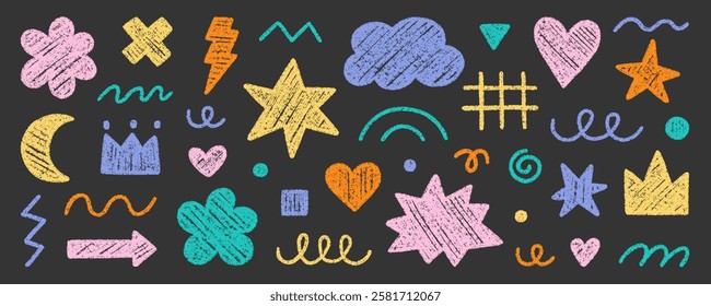 Abstract geometric shapes and forms, chalk pencil doodle set. Crayon modern figures, brush crown, stars, arrow in sketch style. Hand drawn vector illustration isolated on white background