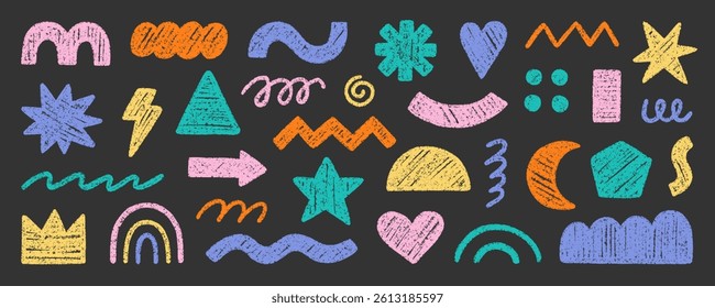 Abstract geometric shapes and forms, chalk pencil doodle set. Crayon modern figures, brush crown, stars, arrow in sketch style. Hand drawn vector illustration isolated on black background
