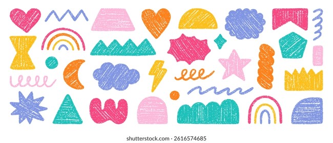 Abstract geometric shapes and forms, chalk pencil doodle set. Crayon modern figures, brush crown, stars, arrow in sketch style. Hand drawn vector illustration isolated on white background