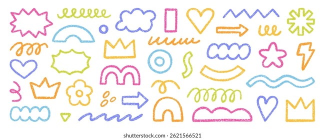 Abstract geometric shapes and forms, chalk pencil doodle set. Crayon modern figures, brush crown, stars, arrow in sketch style. Hand drawn vector illustration isolated on white background