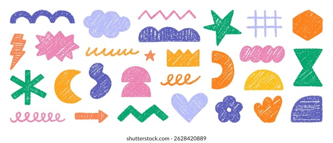 Abstract geometric shapes and forms, chalk pencil doodle set. Crayon modern figures, brush crown, stars, arrow in sketch style. Hand drawn vector illustration isolated on white background