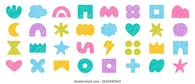 Abstract geometric shapes and forms, chalk pencil doodle set. Crayon modern figures, brush crown, star, heart in sketch style. Hand drawn vector illustration isolated on white background