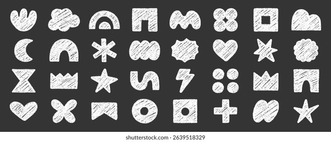Abstract geometric shapes and forms, chalk pencil doodle set. Crayon modern figures, brush crown, star, heart in sketch style. Hand drawn vector illustration isolated on black background