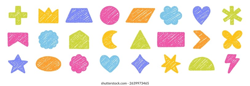Abstract geometric shapes and forms, chalk pencil doodle set. Crayon modern figures, brush crown, star, heart in sketch style. Hand drawn vector illustration isolated on white background