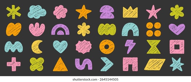 Abstract geometric shapes and forms, chalk pencil doodle set. Crayon modern figures, brush crown, star, heart in sketch style. Hand drawn vector illustration isolated on black background