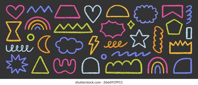 Formas geométricas abstratas e formas, lápis de giz doodle set. Crayon figuras modernas, coroa de pincel, estrelas, seta em estilo de esboço. Ilustração de vetor desenhada à mão isolada no plano de fundo preto