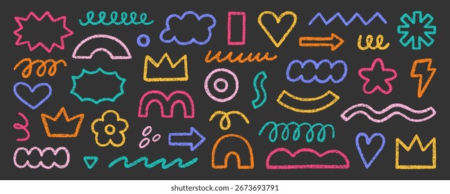 Formas geométricas abstratas e formas, lápis de giz doodle set. Crayon figuras modernas, coroa de pincel, estrelas, seta em estilo de esboço. Ilustração de vetor desenhada à mão isolada no plano de fundo preto