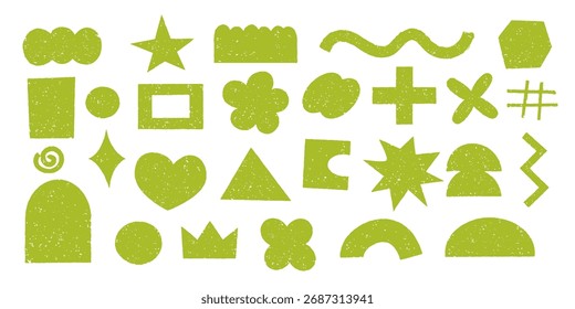 Formas geométricas abstratas e formas, lápis de giz doodle set. Crayon figuras modernas, coroa de pincel, estrela. Ilustração de vetor desenhada à mão isolada no plano de fundo branco